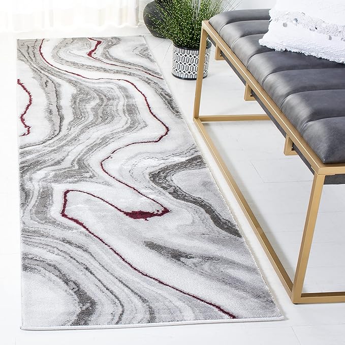 SAFAVIEH Craft Collection Runner Rug - 2'3" x 12', Grey & Wine, Modern Abstract Marble Pattern Design, Non-Shedding & Easy Care, Ideal for High Traffic Areas in Living Room, Bedroom (CFT819S)