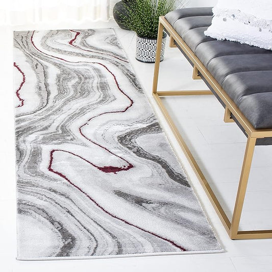 SAFAVIEH Craft Collection Runner Rug - 2'3" x 12', Grey & Wine, Modern Abstract Marble Pattern Design, Non-Shedding & Easy Care, Ideal for High Traffic Areas in Living Room, Bedroom (CFT819S)