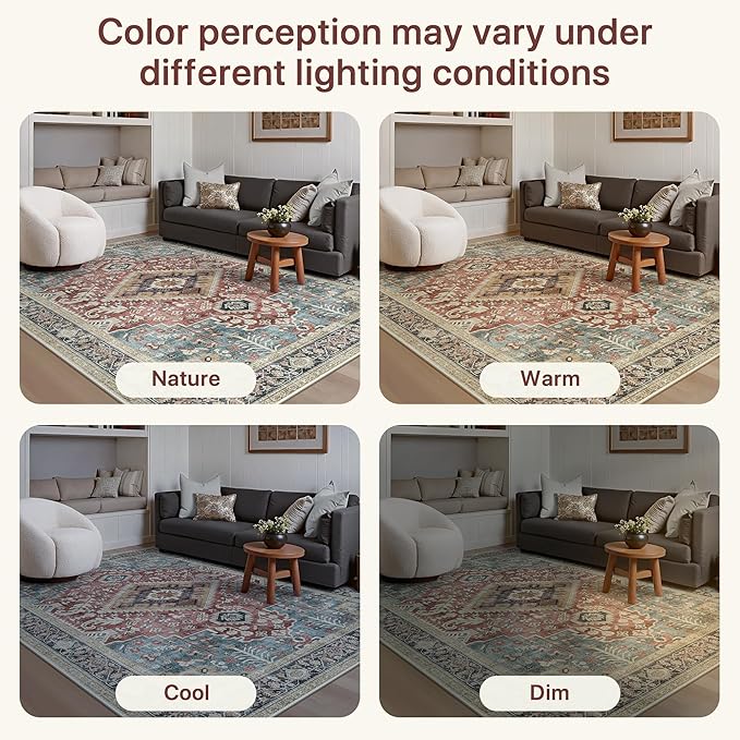 GENIMO 5X7 Washable Vintage Area Rugs for Living Room, Non-Slip Low Pile Chenille Print Rug, Soft Rugs for Bedroom Dining Room Home Office, Indigo & Flush