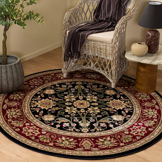 SAFAVIEH Lyndhurst Collection Area Rug - 5'3" Round, Black & Red, Traditional Oriental Design, Non-Shedding & Easy Care, Ideal for High Traffic Areas in Living Room, Bedroom (LNH212G)