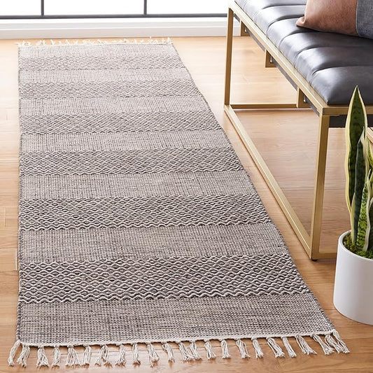SAFAVIEH Montauk Collection Runner Rug - 2'3" x 12', Ivory & Anthracite, Handmade Flat Weave Boho Farmhouse Cotton Tassel Fringe, Ideal for High Traffic Areas in Living Room, Bedroom (MTK330N)