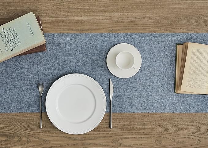ZeeMart Basic Linen Style Table Runner, 14 x 90 Inch Navy Blue, Rustic Farmhouse Blue Table Runners 90 Inches Long, Everyday Polyester Table Runner - Machine Washable & Easy Care