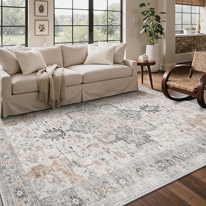 GENIMO 3x4 Area Rugs for Living Room, Machine Washable Rug, Non Slip Indoor Vintage Rug, Low Pile Lightweight Chenille Print Carpet for Bedroom Dining Room Home Office, Light Taupe Brown
