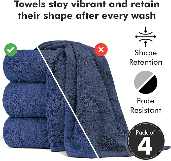 Bath Towels Set of 4 – 100% Cotton Royal Blue Extra Large Towels for Bathroom, Spa Use (55x28 in) – Super Soft and Quick Dry Large Bath Sheets for Adults