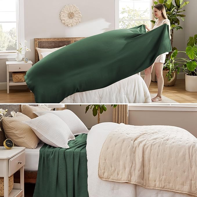 Bedsure GentleSoft 100% Cotton Blanket Queen Size for Bed - Breathable and Lightweight, Soft Cozy Textured Herringbone Woven Blanket for Summer Spring, Dark Green, 90x90 inches
