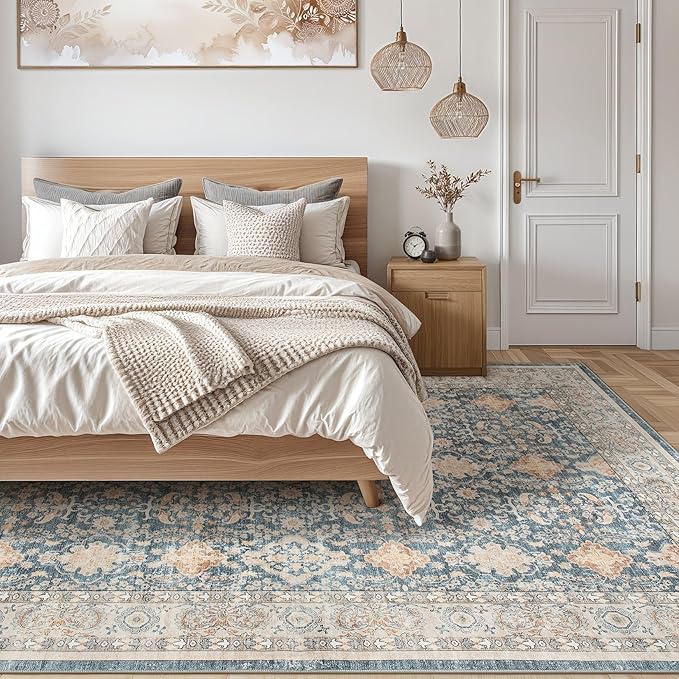 Vintage Living Room Area Rug 8x10 - Large Soft Washable Oriental Traditional Distressed Farmhouse Rugs for Bedroom - Indoor Floor Accent Carpet for Home Office House Decor - Dark Blue