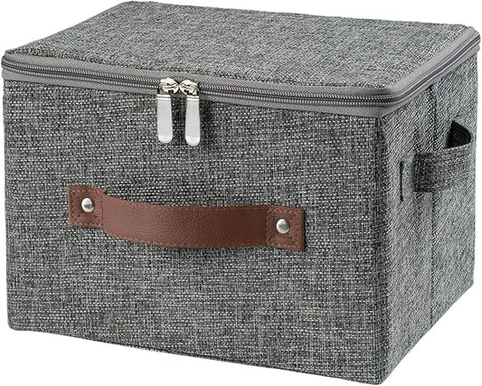 Storage Bins with Zipper Lid Foldable Fabric Lidded Storage Boxes Baskets Cubes Washable Collapsible PU Leather Handle Cotton Linen Fabric Shelf Closet Organizer Container(Gray, Small Size)