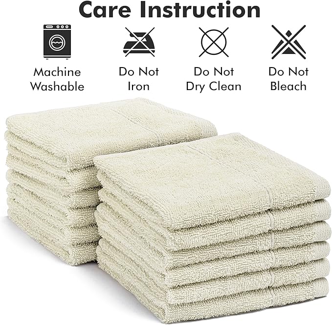 Face Towels Pack of 12 – 100% Cotton Wash Cloths (12x12 inch) – Soft, Quick Dry & Highly Absorbent Hand Towels for Bathroom, Spa, Gym, Kitchen and for Daily Use - (Ivory)