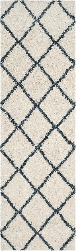 SAFAVIEH Hudson Shag Collection Runner Rug - 2'3" x 8', Ivory & Slate Blue, Modern Trellis Design, Non-Shedding & Easy Care, 2-inch Thick Ideal for High Traffic Areas in Living Room, Bedroom (SGH281T)