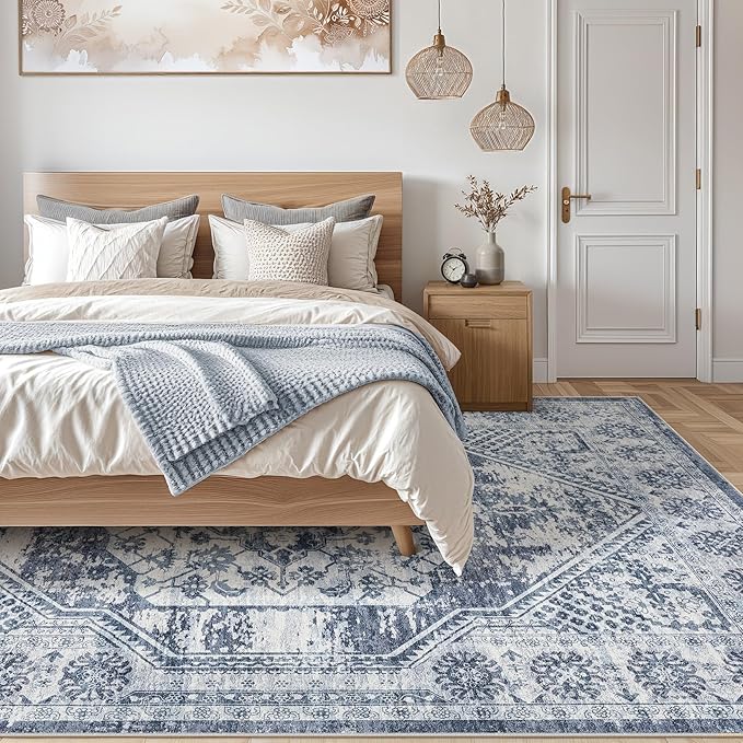 Vintage Living Room Area Rug 9x12 - Large Soft Washable Oriental Traditional Distressed Farmhouse Rugs for Bedroom - Indoor Floor Accent Carpet for Home Office House Decor - Distressed Blue