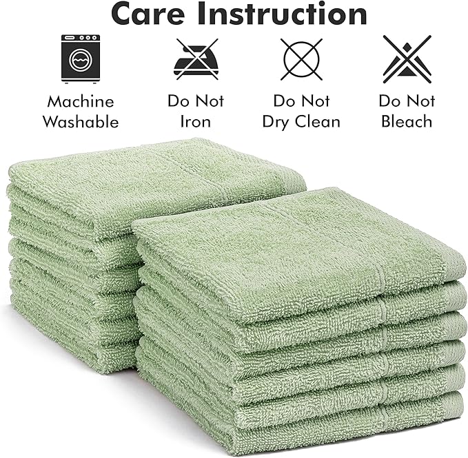 Face Towels Pack of 12 – 100% Cotton Wash Cloths (12x12 inch) – Soft, Quick Dry & Highly Absorbent Hand Towels for Bathroom, Spa, Gym, Kitchen and for Daily Use - (Light Green)
