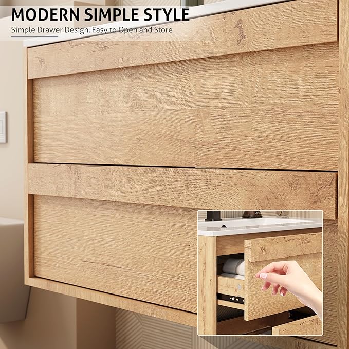 eclife 36" Floating Bathroom Vanity Sink Combo, Wall Mounted Modern Minimalist Storage Cabinet with 2 Drawers, Exclude Sink, Faucet & Drain, Natrual