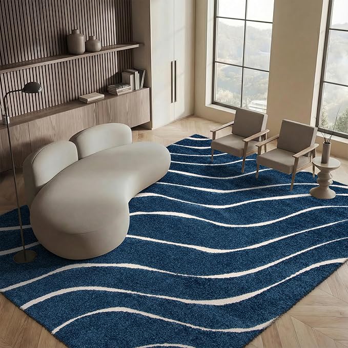 SAFAVIEH Area Rug 8x10 - Florida Shag Collection - Large - Dark Blue & Cream, Non-Shedding & Easy Cleaning, Plush Thick Pile, Ideal for Living Room, Bedroom, Dining Space (SG472-6511)