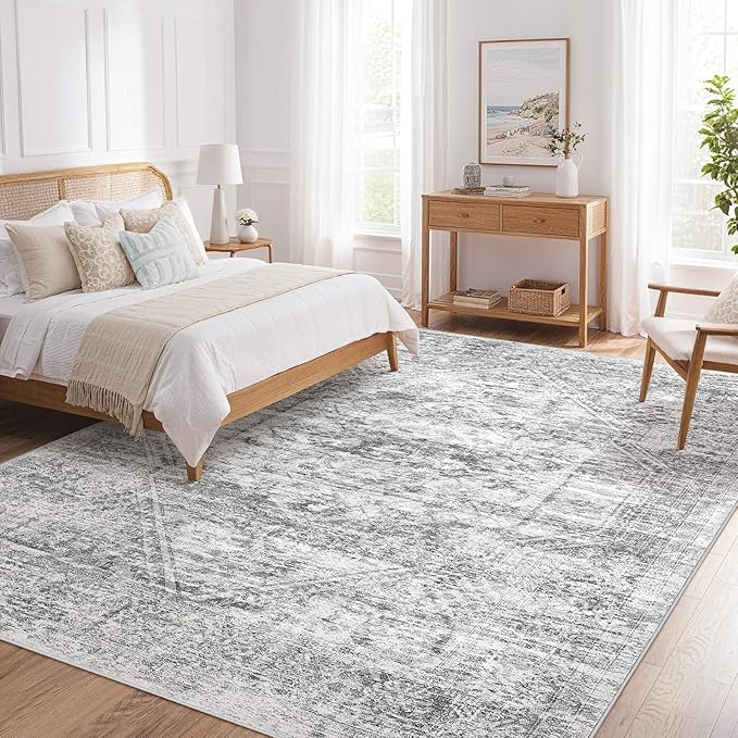 Vintage Living Room Area Rug 9x12 - Large Soft Washable Oriental Traditional Distressed Farmhouse Rugs for Bedroom - Indoor Floor Accent Carpet for Home Office House Decor - Distressed Grey