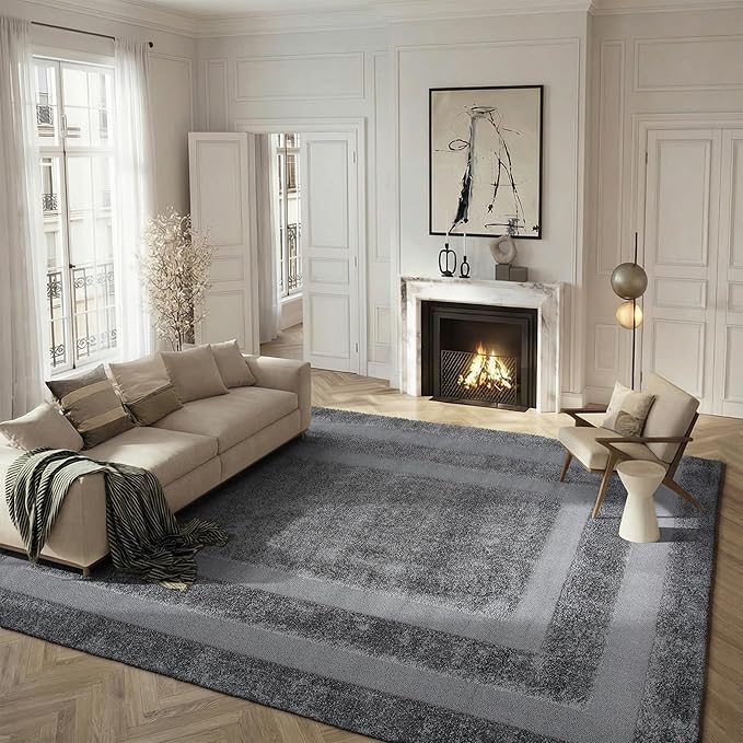 SAFAVIEH Area Rug 8x10 - Florida Shag Collection - Large - Grey & Grey, Border Design, Non-Shedding & Easy Cleaning, Plush Thick Pile, Ideal for Living Room, Bedroom, Dining Space (SG454080)