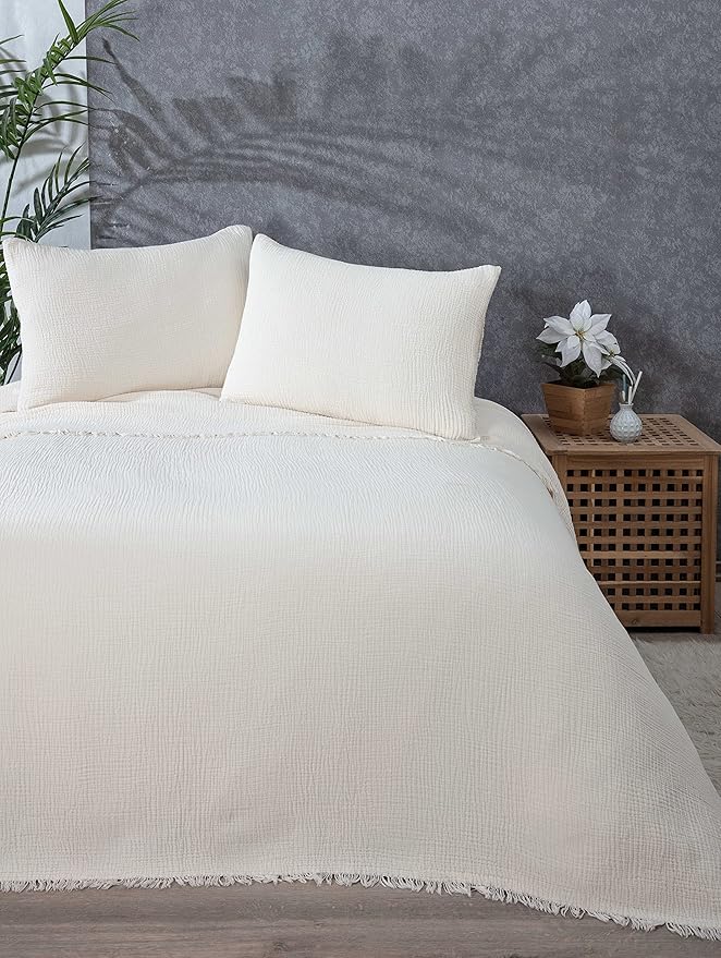 100% Cotton Muslin Throw Blanket, 4 Layers Bedspread, Soft Turkish Cotton Muslin Bed Cover, Reversible Coverlet, Ivory (Twin Size 63x90-160x230cm)