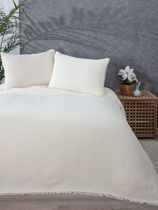 100% Cotton Muslin Throw Blanket, 4 Layers Bedspread, Soft Turkish Cotton Muslin Bed Cover, Reversible Coverlet, Ivory (Full/Queen Size 91x95-230x240cm)