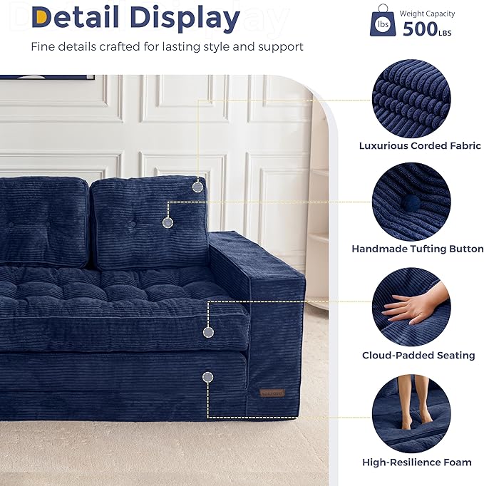 MAXYOYO Convertible Sofa Bed, Pull Out 3 Seater Sleeper Sofa, 2 in 1 Folding Couch Bed, Fold Out Floor Couch with Pillows for Living Room Bedroom Lounge, Navy