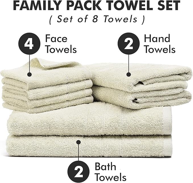 Bath Towels Set of 8 – 100% Cotton (Ivory) Bathroom Towel Set Bale Includes 2 Bath, 2 Hand, 4 Face Towels – Soft, Absorbent & Quick Dry Towel for Bathroom, Spa, Kitchen, Hotel Use