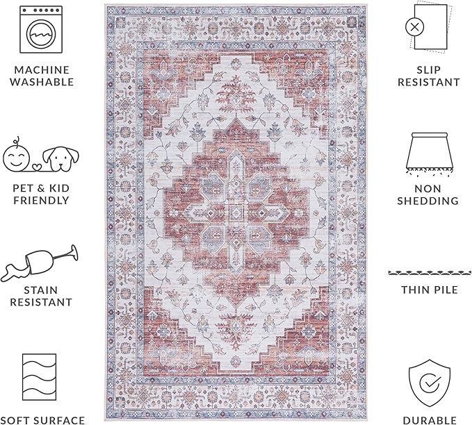 SAFAVIEH Washable Rug Tucson Collection - 6' x 9', Ivory & Rust, Slip Resistant & Easy to Clean, Ideal for Living Room, Bedroom, Dining Space (TSN109A)