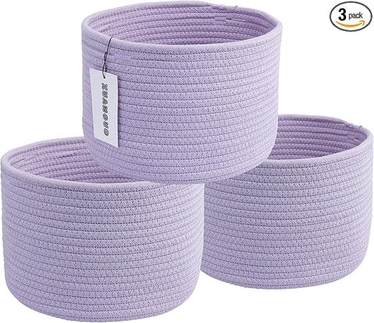 Small round Storage Basket - 3-Pack Round Cube Bins (10x10x7'') for Shelves, Closets & Bookcases | Durable Rope Organizers for Nursery, Baby, Toys, Easter & More (purple)