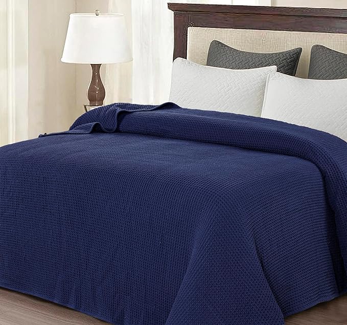 Bed & Bath Home Premium 100% Cotton Waffle Weave Blanket King Size – Soft Breathable Lightweight Comfort, Natural All-Season Bed Blanket, Easy-Care Bedspread for Bed & Couch (Navy Blue)