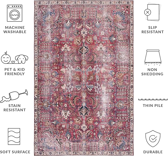 SAFAVIEH Washable Rug Tucson Collection - 3' x 5', Red & Beige, Slip Resistant & Easy to Clean, Ideal for Foyer, Entryway, Kitchen, Bedroom (TSN174Q)