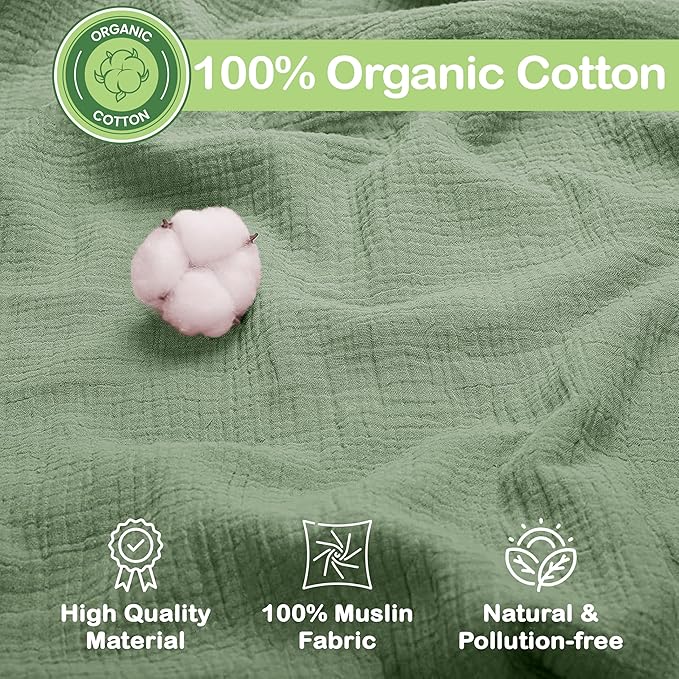 Organic Cotton Muslin Baby Blanket - 47x47 Inch Breathable Swaddle, Hypoallergenic Double-Layer, Versatile Use (Green/Ivory/Floral, 38x40 Inch)