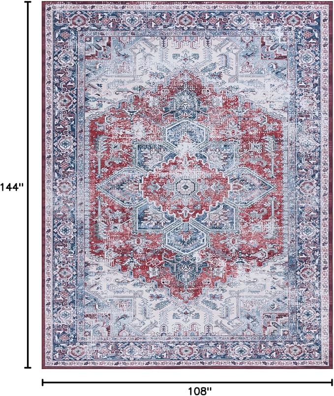 SAFAVIEH Washable Rug Tucson Collection - 9' x 12', Red & Navy, Slip Resistant & Easy to Clean, Ideal for Living Room, Bedroom, Dining Space (TSN101S)