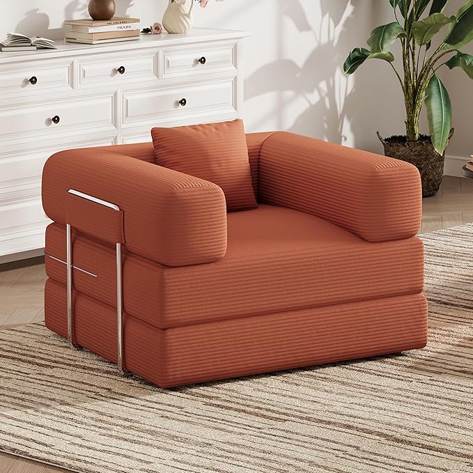 Folding Sofa Bed, 2 in 1 Convertible Sofas to Lounger Comfy Single Bean Bag Chair Floor Portable Foldable Sleeper Lazy Futon Couch Chair for Bedroom, Living Room(Orange, 35.43" Single Sofa)