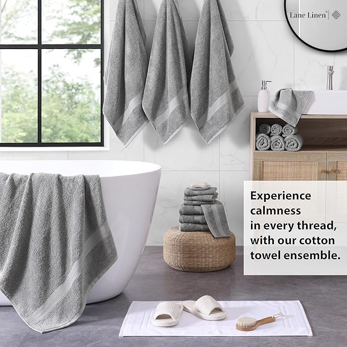 LANE LINEN 100% Cotton Towel Set for Bathroom - 18 Piece - Super Soft, Quick Dry & Highly Absorbent - 4 Bath, 8 Wash Cloth, 6 Hand Towels - Turkish Quality, Durable & Easy Care - Space Grey