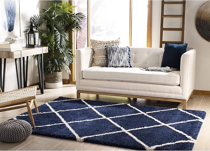 SAFAVIEH Hudson Shag Collection Accent Rug - 3' x 5', Navy & Ivory, Modern Trellis Design, Non-Shedding & Easy Care, 2-inch Thick Ideal for High Traffic Areas in Foyer, Living Room, Bedroom (SGH281C)