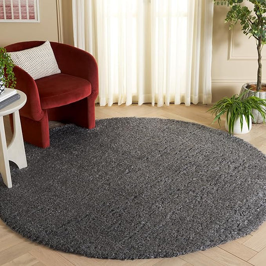SAFAVIEH Lindsay Shag Collection Round Rug - 6'7" Round, Dark Grey, Contemporary Design, Ideal for High Traffic Areas in Living Room, Bedroom & Dining Room (LNS560G-7R)