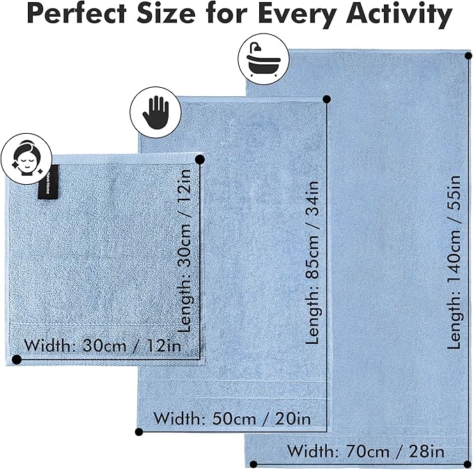 Bath Towels Set of 8 – 100% Cotton (Sky Blue) Bathroom Towel Set Bale Includes 2 Bath, 2 Hand, 4 Face Towels – Soft, Absorbent & Quick Dry Towel for Bathroom, Spa, Kitchen, Hotel Use