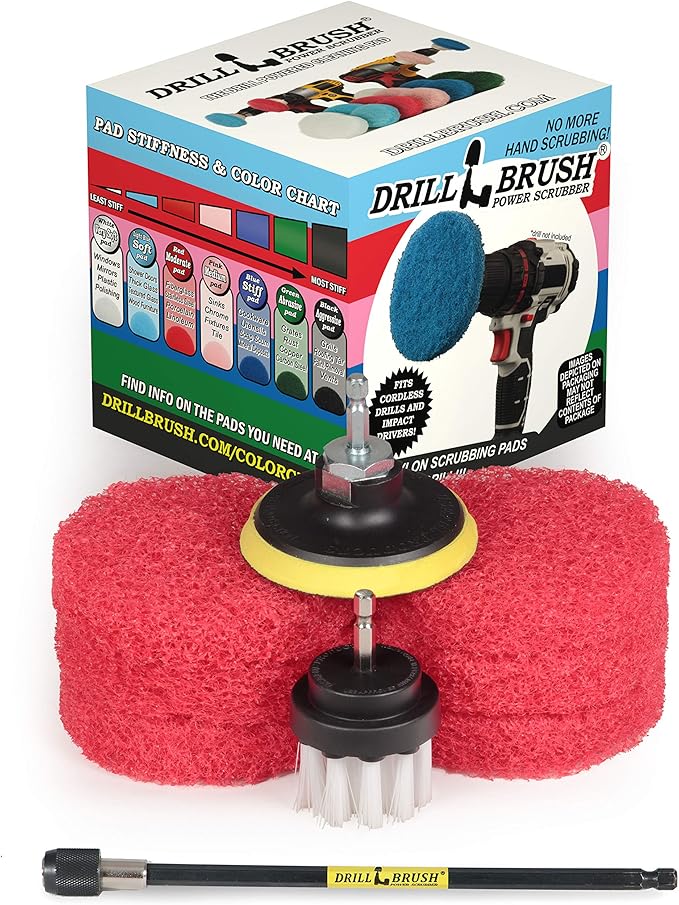 Drill Brush - Bathroom - Power Scouring Pads - Shower Cleaner - Scrub Brush - Shower Doors - Bathroom Sink - Tub - Bath Mat - Baseboard - Vinyl Flooring - Mineral Deposits - Hard Water Stain Remover