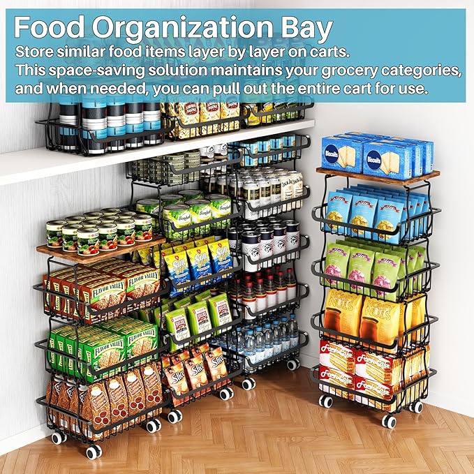4 Tier Pantry Organizers and Storage Cart with Rolling Wheels, Stackable Metal Pantry Baskets for Pantry Shelves, Kitchen Fruit Basket Stand and Storage Rack for Snack Bottled Water Vegetable Bathroom