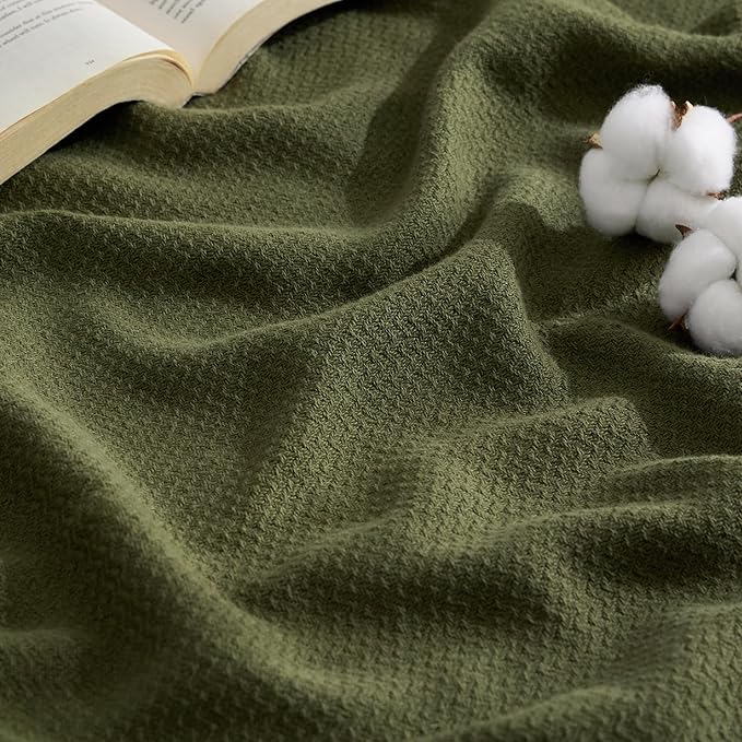 Bedsure GentleSoft 100% Cotton Blanket Queen Size for Bed - Breathable and Lightweight, Soft Cozy Textured Herringbone Woven Blanket for Summer, Olive Green, 90x90 inches