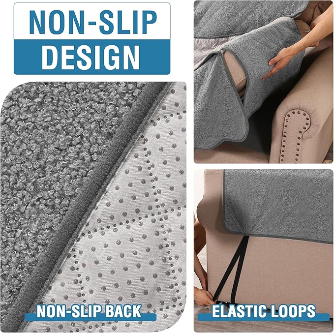 H.VERSAILTEX Waterproof Quilted Couch Covers Non Slip Sofa Covers Protector Slipcovers for Dogs, Single Sofa Armchair for Pet Furniture Protector Modern Fleece Fabric (Chair,Grey)