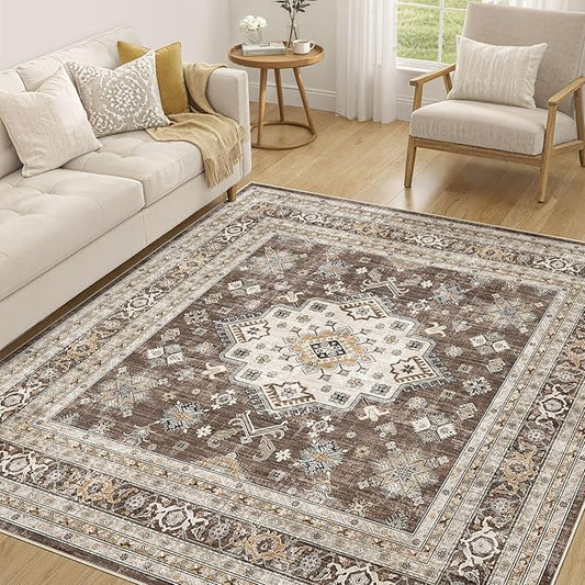 Vintage Living Room Square Area Rug 6x6 - Large Soft Washable Oriental Traditional Distressed Farmhouse Rugs for Bedroom - Indoor Floor Accent Carpet for Home Office House Decor - Dark Brown