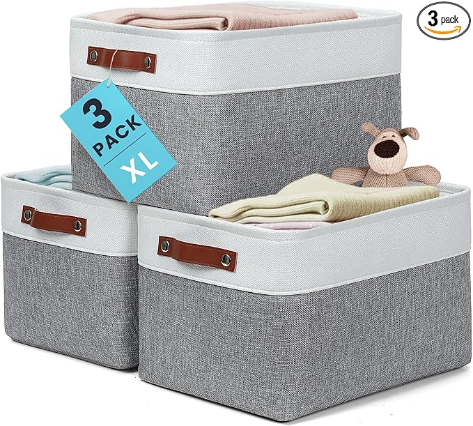 OrganiHaus Extra Large Fabric Storage Baskets for Shelves 3 Pack, 16x13in Closet Storage Bins for Shelves, Canvas Baskets for Organizing, Linen Closet Organizers, Cloth Basket, Gray/Off-White