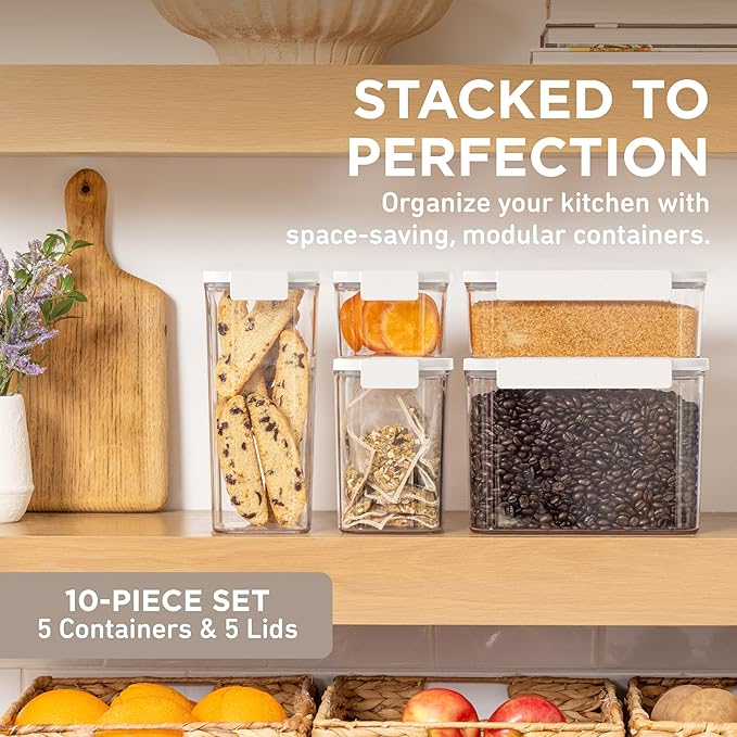 Bentgo Pantry - 10-Piece Airtight Food Storage Containers, Clear, Stackable Kitchen & Pantry Organization, Locking Lids for Freshness, BPA-Free Plastic - Ideal for Sugar, Flour, & More (Snow)