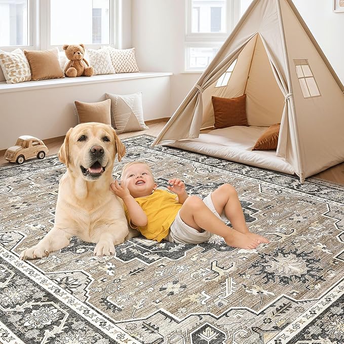 Vintage Living Room Area Rug 5x8 - Large Soft Washable Oriental Traditional Distressed Farmhouse Rugs for Bedroom - Indoor Floor Accent Carpet for Home Office House Decor - Black Brown