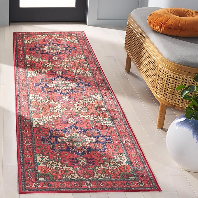 SAFAVIEH Washable Rug Orlando Collection - 2'2" x 8' Runner, Red & Beige, Non-Shedding & Easy to Clean, Ideal for Hallway, Foyer, Entryway, Bedroom (ORL758Q)