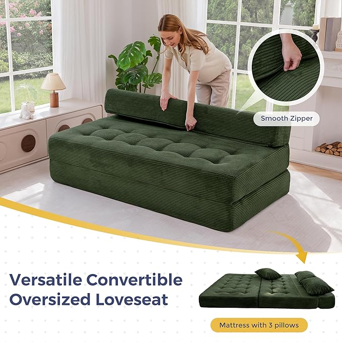 MAXYOYO Folding Sofa Couch, Convertible Floor Sleeper Couch with 3 Pillows, Tufted Floor Oversized Loveseat Couch Tufted Fold Out Chair Bed Comfy Sofa Lounge for Living Room Bedroom, Dark Green