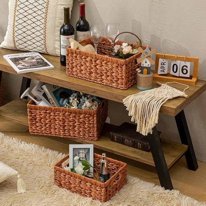 Set of 3 Wicker Storage Baskets, Decorative Baskets With Built-in Handles, Multipurpose Nesting Countertop Baskets for Shelves, Kitchen Organizers, Pantry, Bathroom, Toilet, Closet (Natural)