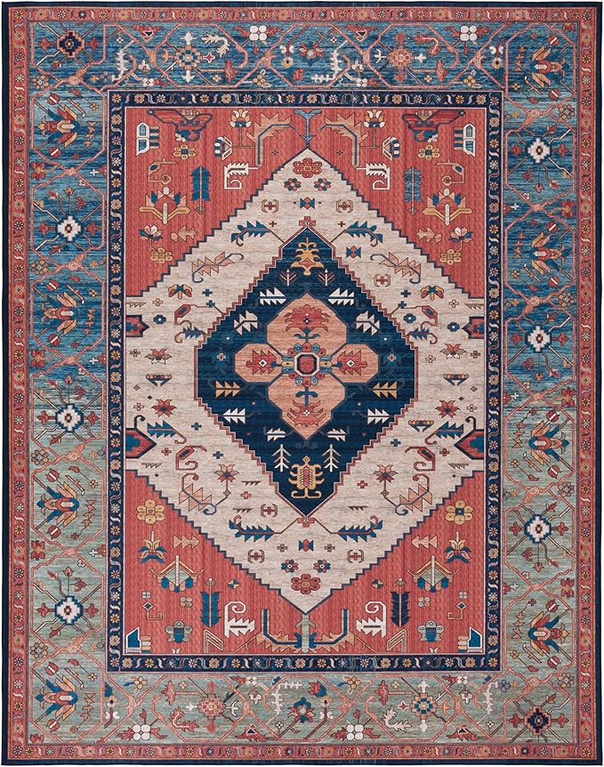 SAFAVIEH Washable Rug Tucson Collection - 10' x 14', Rust & Blue, Slip Resistant & Easy to Clean, Ideal for Living Room, Bedroom, Dining Space (TSN153P)