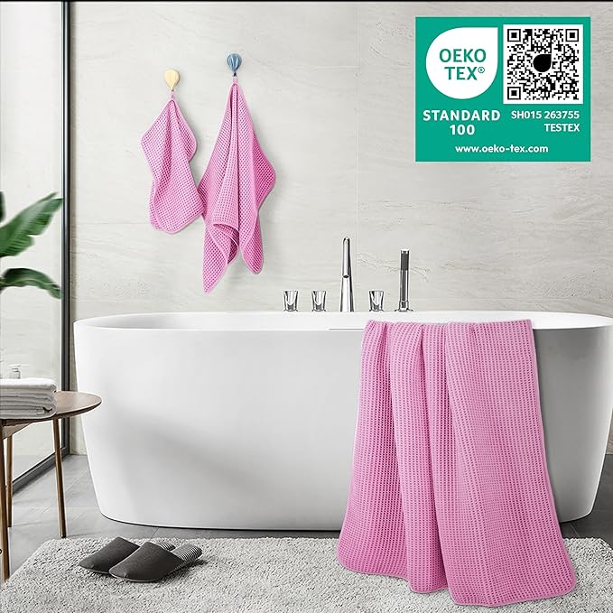 430 GSM Microfiber Quick Dry Lint Free Oversize Bath Towel Set, 6 Piece (Waffle Weave)