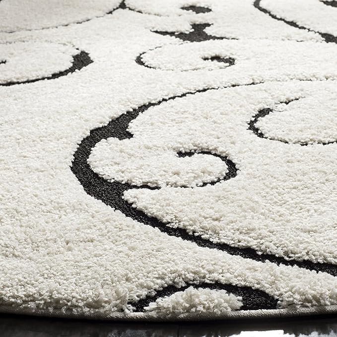 SAFAVIEH Florida Shag Collection Area Rug - 5' Round, Ivory & Black, Scroll Design, Non-Shedding & Easy to Clean, High-Low Plush Pile, Ideal for Living Room, Bedroom, Dining Space (SG455-1290)