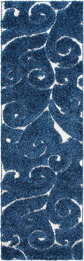 SAFAVIEH Florida Shag Collection Runner Rug - 2'3" x 7', Dark Blue & Cream, Scroll Design, Non-Shedding & Easy to Clean, High-Low Plush Pile, Ideal for Bedroom, Foyer, Hallway (SG455-6511)