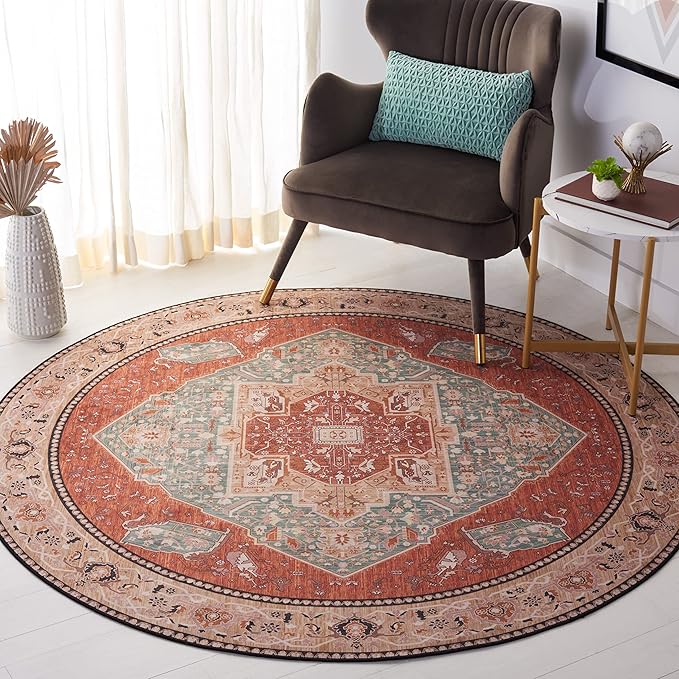 SAFAVIEH Washable Rug Tucson Collection - 6' Round, Aqua & Rust, Slip Resistant & Easy to Clean, Ideal for Living Room, Bedroom, Dining Space (TSN150J)